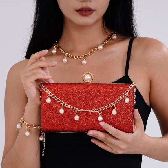 Red Sparkling Clutch Bag, Pearl Station Bracelet and Necklace - Picture 3 of 7